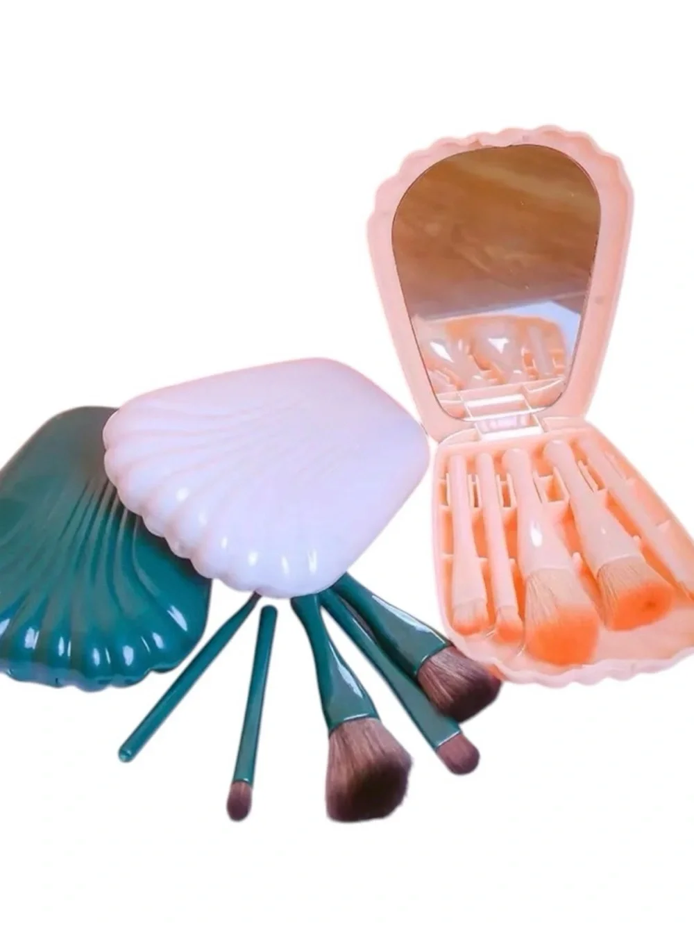 Shell Travel Makeup Brush Set with Mirror - Pink, White, Green